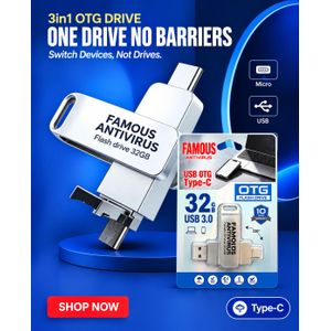 Famous Antivirus 32GB 3-in-1 OTG Flash Drive – USB 3.0 with Type-C & Micro USB
