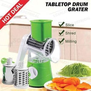 3-in-1 Manual Tabletop Rotary Drum Grater – Multifunction Vegetable Slicer, Cheese Shredder, & Food Chopper with 3 Stainless Steel Interchangeable Blades