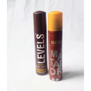 Perfume Levels and Matador Body Deodorant Spray 100ml (unisex use) NAFDAC NUMBER:  Levels Body Spray: A2-0439,  Matador Body Spray: 02-9445