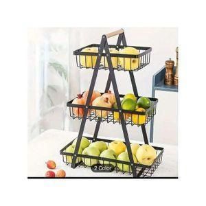 -Tier Metal Fruit Basket Stand With Wooden Handle A-Frame Countertop Organizer for Fruits, Vegetables & Snacks, Bla