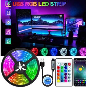 5M RGB LED Strip Lights 5050 Color Changing Ribbon Tape Light with 24-Key Remote Bluetooth APP Control USB Powered IP65 Waterproof Flexible Cuttable TV Backlight Bed Party Decor