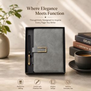 A5 leather notebook with buckle, Leather-bound journal gift set, Elegant notebook and pen set, Professional notebook gift box, Personalized leather notebook, Notebook with gold clasp, Luxury writing set for professionals, Leather journal with pen holder