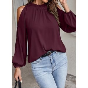 Off Shoulder Long Sleeve Tops for Women Loose Casual Spring Going Out Chiffon Blouses Ruffled Round-Neck Shirts