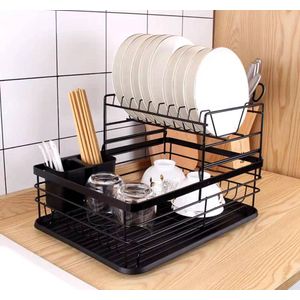 2-Tier Multifunctional Kitchen Dish Drying Rack with Cutlery Holder & Drain Tray – Black