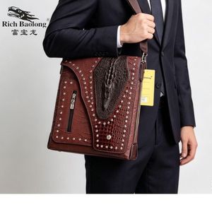Men's Leather Side Bag Crossbody Messenger – Crocodile Pattern Studded Flap Shoulder with Front Zip Pocket, Cross for Business, Office & Casual Wear
