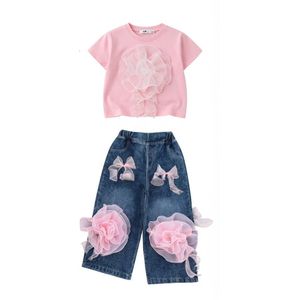 3D Floral & Bow Denim Set