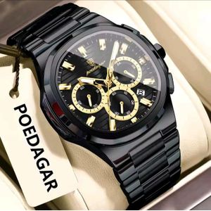 POEDAGAR Men Stainless Steel High Quality Chronograph Water Resistant Wristwatch Black 