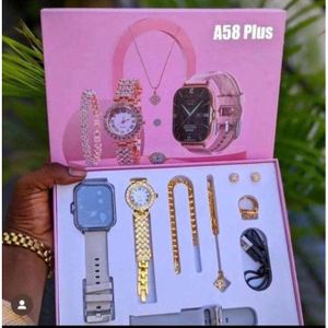 A58 Plus Women's Luxury Gold Watch Unique Gift Set Jewellery Gold Necklace Ring Double Band Smart Watch
