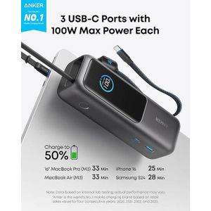 Anker Built-In and Retractable Cables 165W 25000mAh Fast Charging Battery Pack Ultra Fast Portable Laptops & Phones Power Bank
