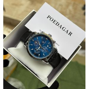 Poedagar Genuine Leather Black color blue face waterproof calendar Chronograph wristwatch