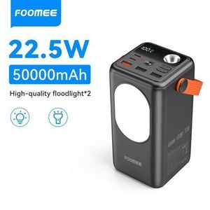 FOOMEE AF50 50000mAh 22.5w Fast Charging Power Bank, Built-in 4 Cables, Type-C, Two Types of Flashlights and 1 Strap