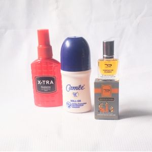 Special Perfume of 3 in 1 of Xtra  EDP Red Deodorant Body Spray 50ml, Camee White Roll on and Essence Oil Perfume 5ml (Unisex perfect choice) 113ml