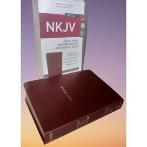 Holy Bible NKJV, Giant Print Center-Column Reference Bible, Comfort Print Brown Leathersoft, 72,000+ Cross References, Red Letter, Concordance-By Thomas Nelson