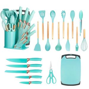  19-Piece Premium Silicone Kitchen Utensil and Stainless Steel Knife Set Green