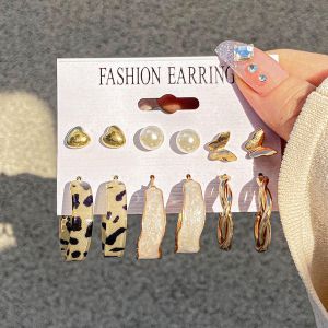 No Band Enacolor 6Pair Set Earrings Women Accessories Pearl Heart Leopard Print Geometric Earring Set
