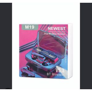  M19 True Wireless Headset (V5.3) box featuring a digital LED battery indicator and touch-control earbud design