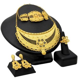 S-346 Gold Plated Jewelry Set For Women African Bridal Necklace Earrings Rings Bracelet - Gold 