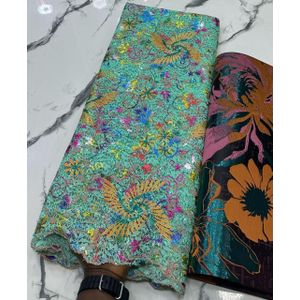 Sequin mesh Lace Fabric - Mint Green / Turquoise Multicolor Floral Embroidered with Mustard Yellow Spiral Fan Flowers and Multicolor Sequin Vines