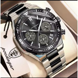 POEDAGAR Men's Top Quality Chronograph Stainless Water Resistant Wristwatch Silver and Black