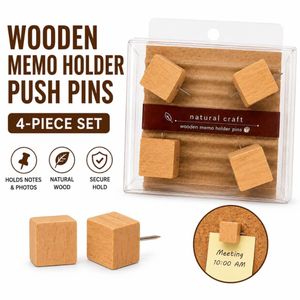 Wooden Memo Holder Push Pins – 4 Pieces Natural Wood Thumb Tacks for Notes, Photos & Notice Boards