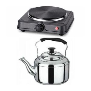 Electric Single Burner Hot Plate + Stainless Steel Kettle – Kitchen Combo Set