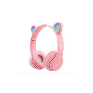 P47 Cute Cat Ears BT5.0 Wireless Headphone Glow Light Stereo Bass Gaming Headset Over-Ear Sports Headsets Gift ( pink)