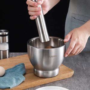 Thickened stainless steel garlic press garlic masher garlic mashed garlic jar bowl crushed pestle mortar, Mortar for mashing any type of food With Cover