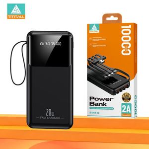 TITITALL 10000mAh 20W Fast Charge Power Bank With 4 Detachable Built-in Cables, Portable LED Flashlight External Battery For All Phones