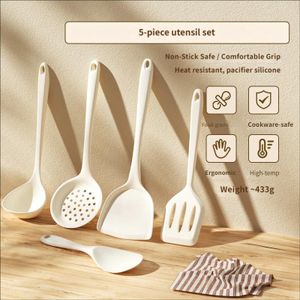 5 Pcs Silicone Kitchen Utensil Set - Non Stick Heat Resistant Cooking Tools with Hanging Holes