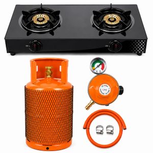 12.5kg Gas Cylinder + 2Burner Stainless Gas Cooker, Meter Regulator, Hose + Clip + FREE GIFT