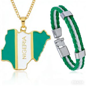 Nigeria Map Flag Jewelry Set  Nigeria Map Pendant Necklace + Green White Braided Bracelet  Patriotic Nigerian Pride Accessories  Gold Plated Alloy  Perfect for Independence Day & Everyday Wear