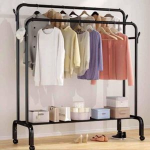 35kg Strong Quality Double Pole Hanger Cloth Storage Rack With Wheels & Side Hooks 