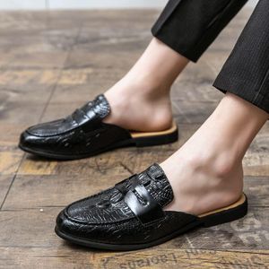 Men's Black Crocodile-Pattern Mule Shoes