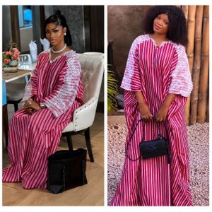 Women’s Elegant Pink & White Striped Lace Kaftan Maxi Gown – Free Size