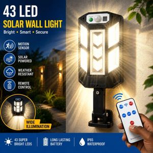 43LED Solar Outdoor Wall Light with Motion Sensor & Remote Control, Adjustable Solar Security Lamp for Yard, Garden, Fence & Patio