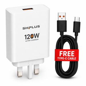 SHPLUS 120W Ultra Fast Charger USB Wall Charger UK 3-Pin With Free Type-C Cable