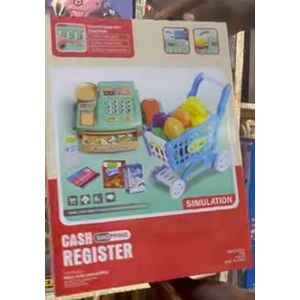Kids Shopping Cart Trolley Play Set and Pretend Play Calculator Cash Register Toy with Pretend Food and Accessories,Perfect for Ages 3+ Pretend Play and Role-Playing Games