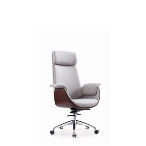 Modern Executive Office Chair Gray PU Leather High Back Swivel Chair With Wooden Side And Chrome Base 360