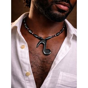 Men’s Black Beaded Necklace with Statement TikTok Pendant  Premium Stone Choker with Red & Silver Accents  Bold Stylish Necklace for Casual & Luxury Wear