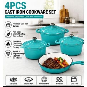 4 In 1 Enamel Coated Dutch Oven Cast Iron Pot - Cast Iron Cookware Set 