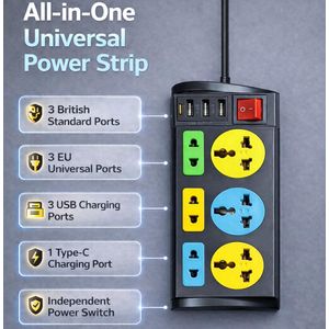 3USB, 1typeC Port with 6 Sockets Extension Box- 1.8m long