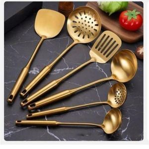 5Pcs Gold Cooking Spoons Set With Stand