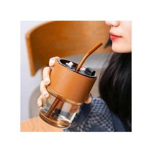 Office Glass Cup With Protective Leather Sleeve