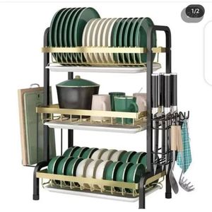 3-layer stainless steel dish rack featuring a black and gold color scheme.