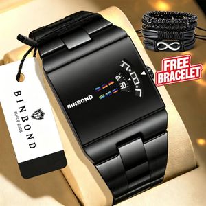 BINBOND BINBOND Men Square Watch Black Steel Wrist Watch Fashion Digital Dial Watch with Free Bracelet