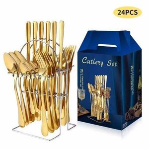 24 pcs Gold Stainless Steel Spoons & Forks With rack