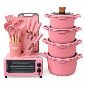 Pink Kitchen Cookware & Utensils Set with 4 Pots, Knife Holder, Cooking Tools & Countertop Oven