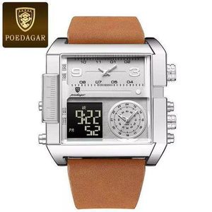 POEDAGAR Luxury Men's Stainless BlackLeather Digital/Analogue Watch - Waterproof, Luminous With Calendar & Chronograph Functions +FREE NECKLACE