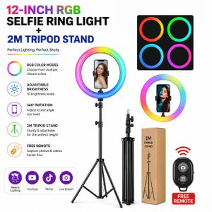 12-Inch RGB Selfie Ring Light with 2M Adjustable Tripod Stand, Phone Holder & Bluetooth Remote – Dimmable LED Ring Light for TikTok, YouTube, Live Streaming, Photography, Makeup & Video Recording