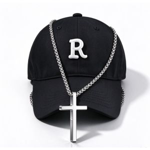 Cap And Necklace Set Black Embroidered R Letter Silver Cross Pendant For Youth Street Casual Outing